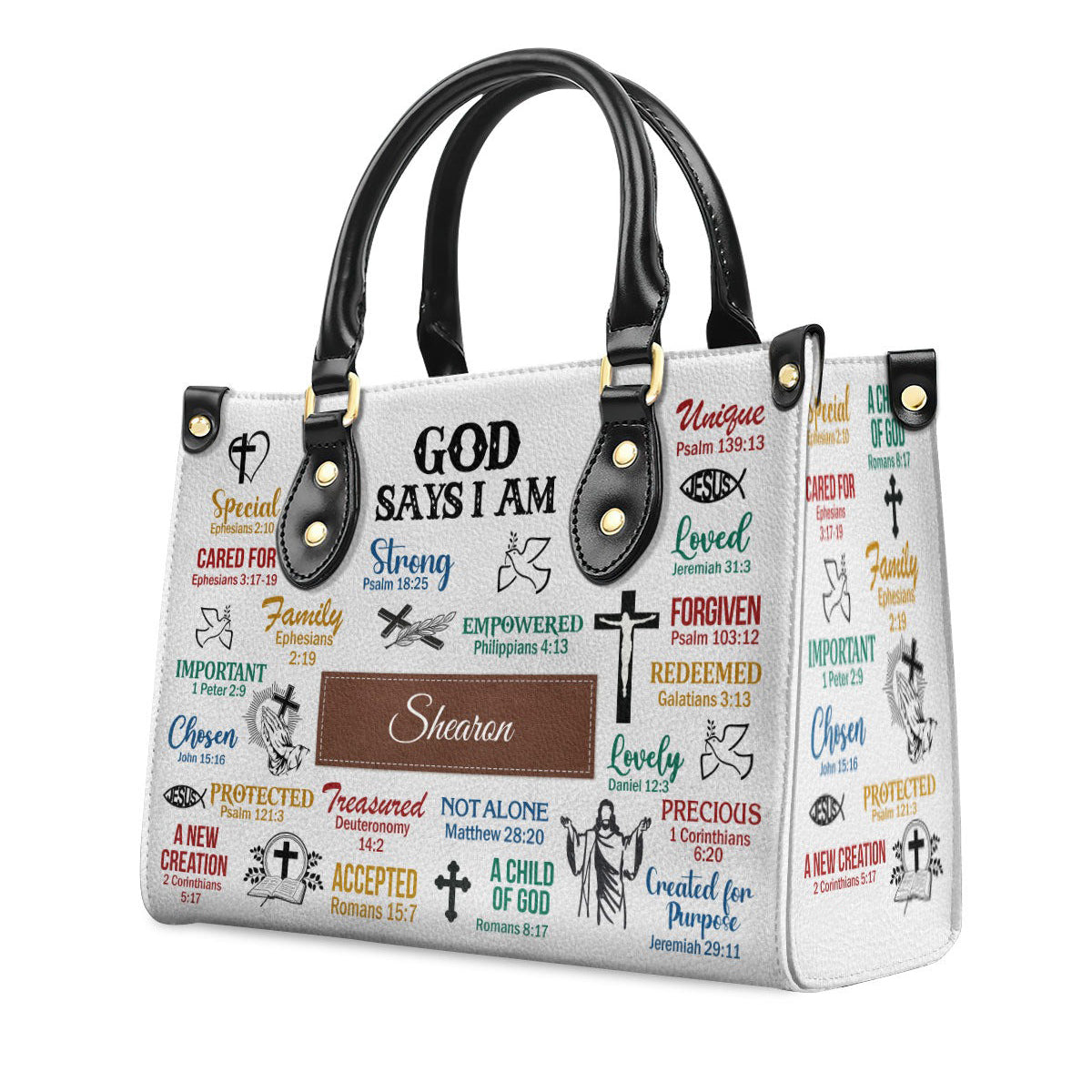 Personalized Christian Leather Handbag, God Says I Am Scripture Purse, Custom Name Bible Verse Tote – Faith Gift for Women BLAF51